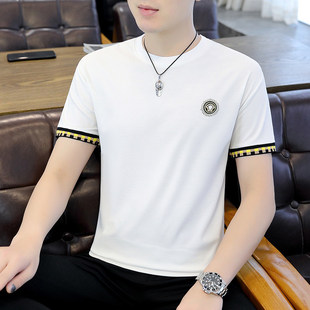 冰丝棉白色短袖 半袖 t恤男圆领修身 潮流烫钻休闲百搭男士 韩版 夏季