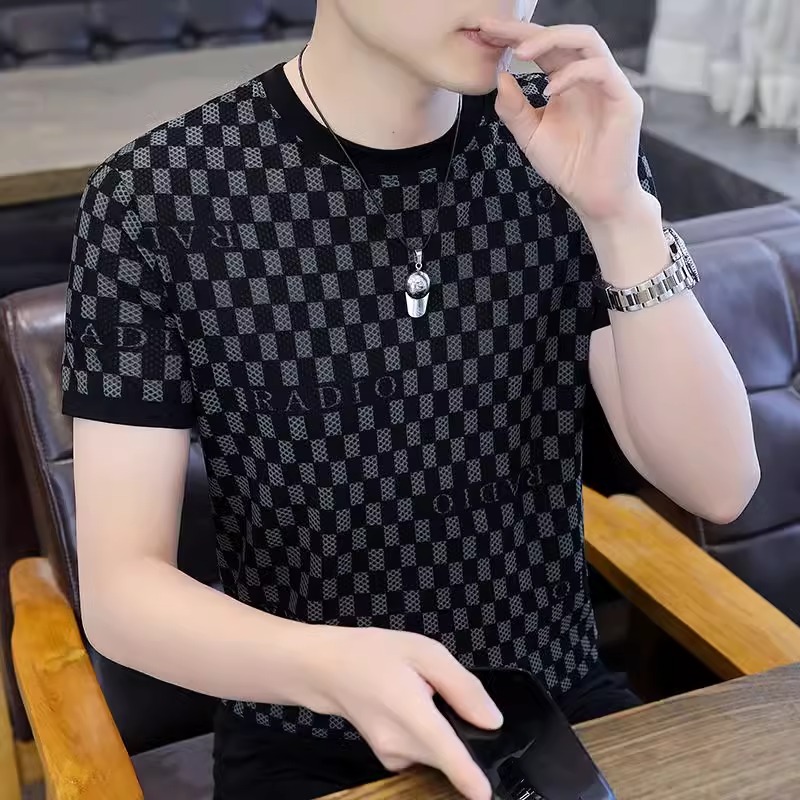 品牌格子冰丝男士短袖t恤2025新款夏季薄款透气速干圆领潮牌半袖