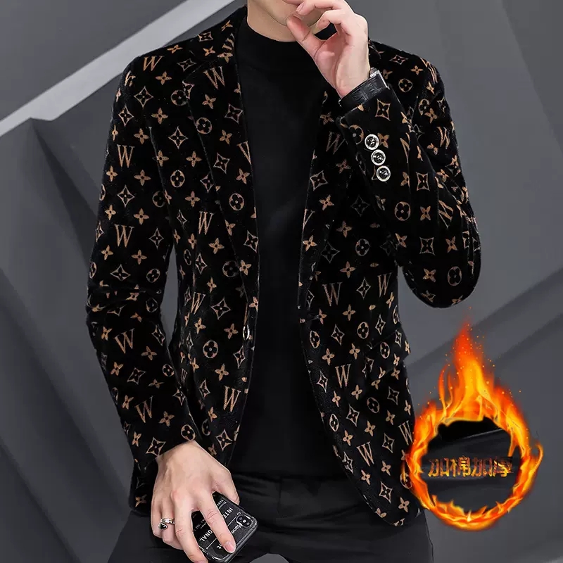 金貂绒休闲西装外套男高端修身加棉秋冬季短款潮牌毛呢子男士西服
