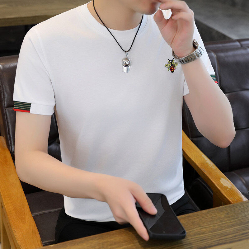 纯棉小蜜蜂白色短袖T恤男高端欧货潮牌刺绣圆领修身夏季男士上衣