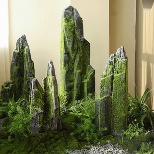 仿真青苔石头玻璃钢假山庭院户外酒店斧劈石摆件绿植造景拍摄道具
