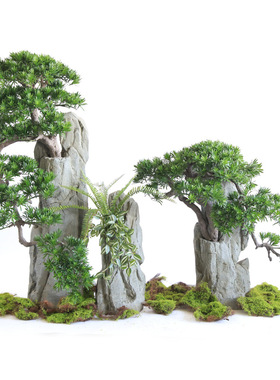 禅意玻璃钢仿真石头迎客松造景