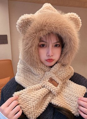 小熊帽子围巾一体女秋冬季骑行防
