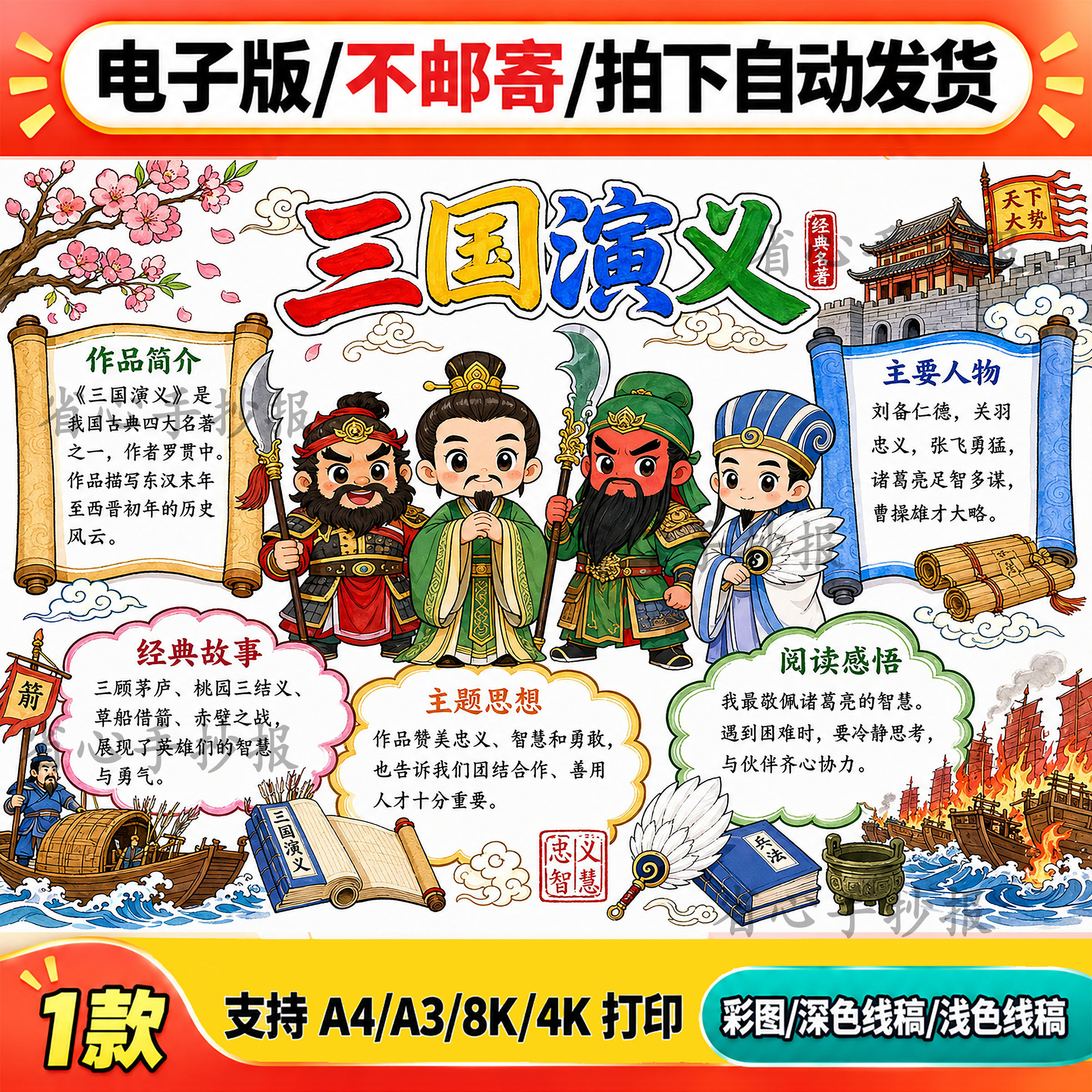 三国演义主题手抄报线稿电子版小学生卡通插画A4A3打印模板素材