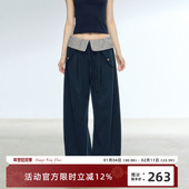 宽松显瘦垂感阔腿裤 RedBling 原创设计藏蓝拼接条纹直筒休闲裤 女