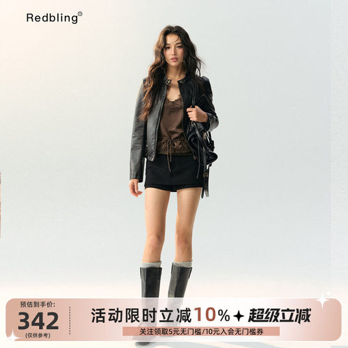 RedBling 原创设计复古机车风酷飒皮衣百搭街头外套立领柔润长袖