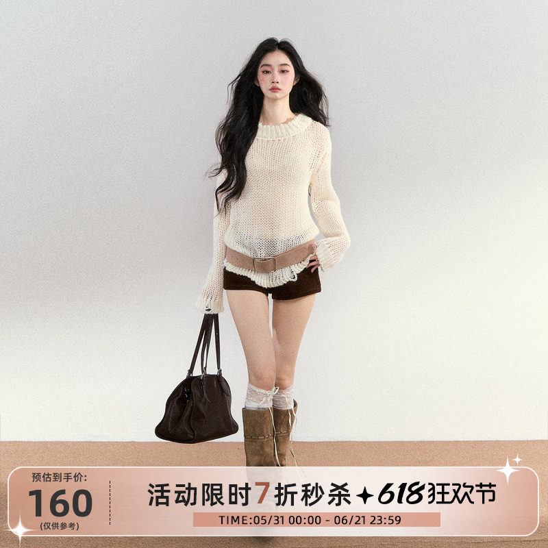 RedBling 原创设计法式圆领白色套头慵懒风镂空长袖针织罩衫毛衣