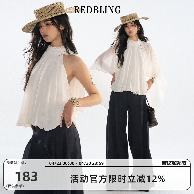 RedBling原创设计网纱宽松无袖蕾丝罩衫夏季新款露肩拼接雪纺上衣