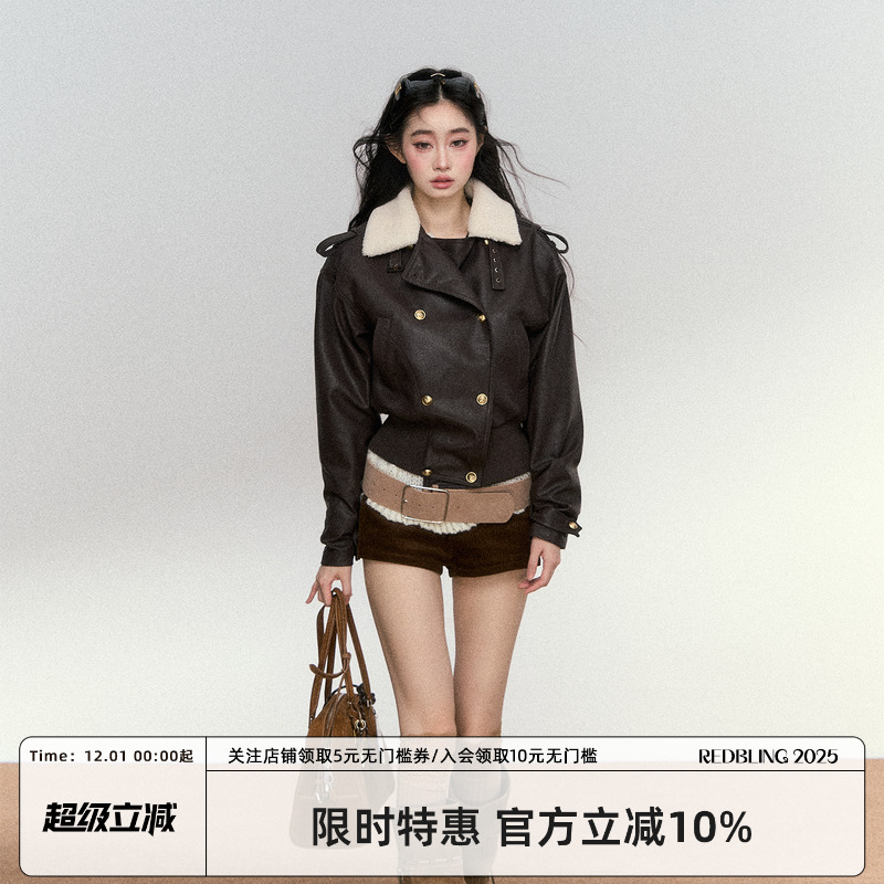RedBling 原创设计秋冬新款时髦复古皮衣夹克高级感棕色短外套女