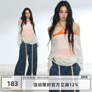 慵懒罩衫 RedBling 针织衫 双色一字肩长袖 外搭上衣女 原创设计新款