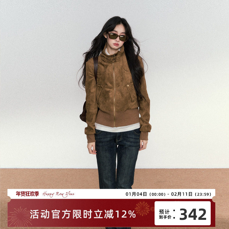 RedBling 原创设计美式复古修身立领麂皮夹克女显瘦气质短款外套,女装/女士精品,短外套,淘宝优惠券,粉丝福利购,淘宝优惠卷