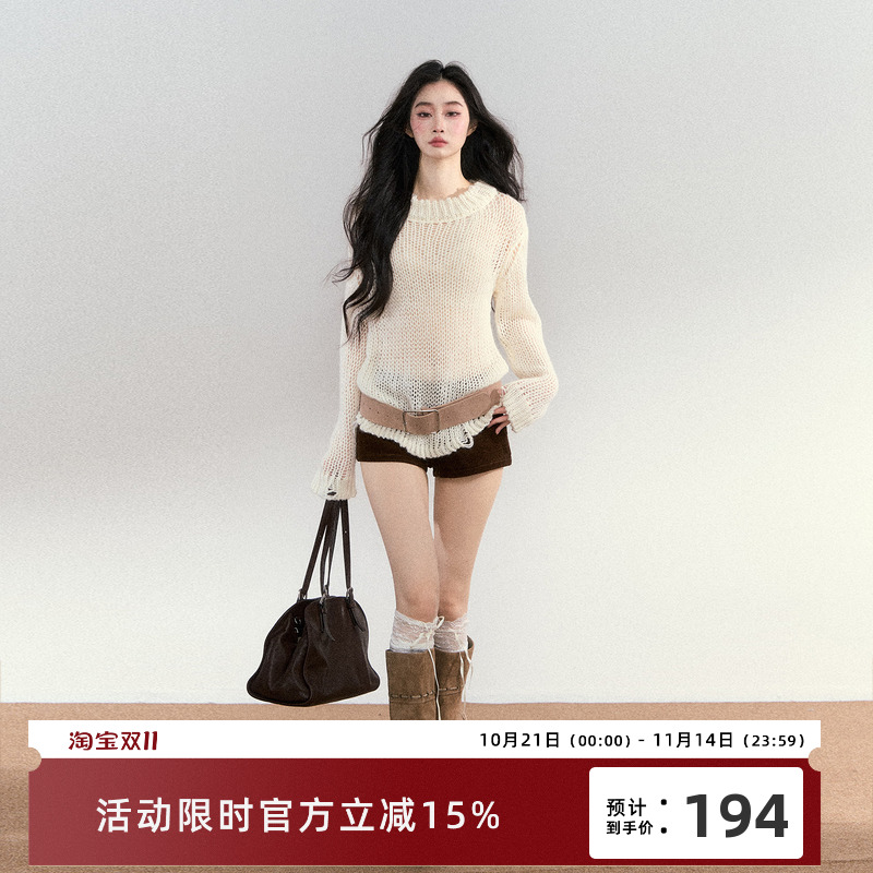 RedBling 原创设计法式圆领白色套头慵懒风镂空长袖针织罩衫毛衣