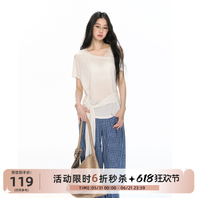 RedBling 原创设计新款网纱莱赛尔短袖T恤三色斜肩上衣打底衫女