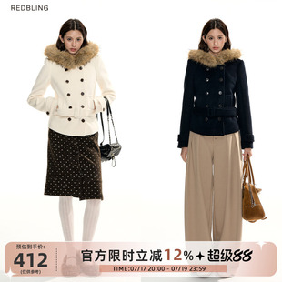 RedBling 原创设计藏蓝白双排扣短款连帽毛呢外套女收腰冬季上衣