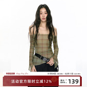 一字领露肩辣妹显瘦长袖 RedBling 原创设计春夏新款 格纹网纱背心