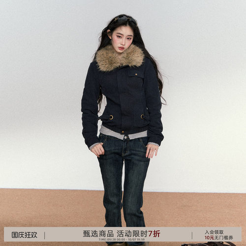 RedBling 原创设计美式复古高级感气质做旧外套修身毛领拼接夹克