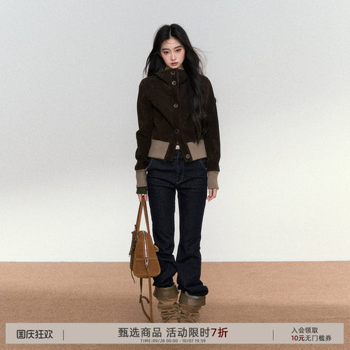 RedBling 原创设计咖啡色立领短款夹克新款小众长袖收腰显瘦外套