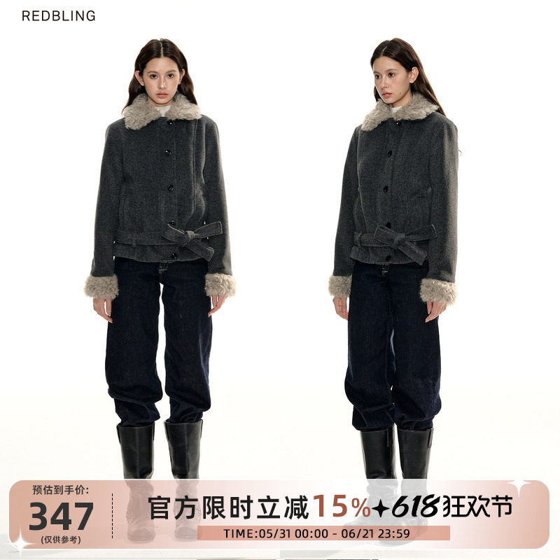 RedBling 原创设计灰色复古正肩绑带毛呢外套女冬季短款棉服外衣