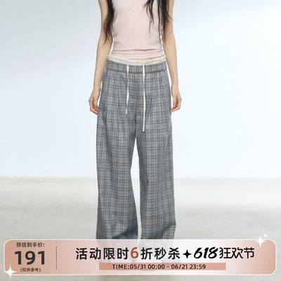 RedBling 原创设计款浅色格纹休闲裤时尚百搭显瘦直筒拖地长裤女