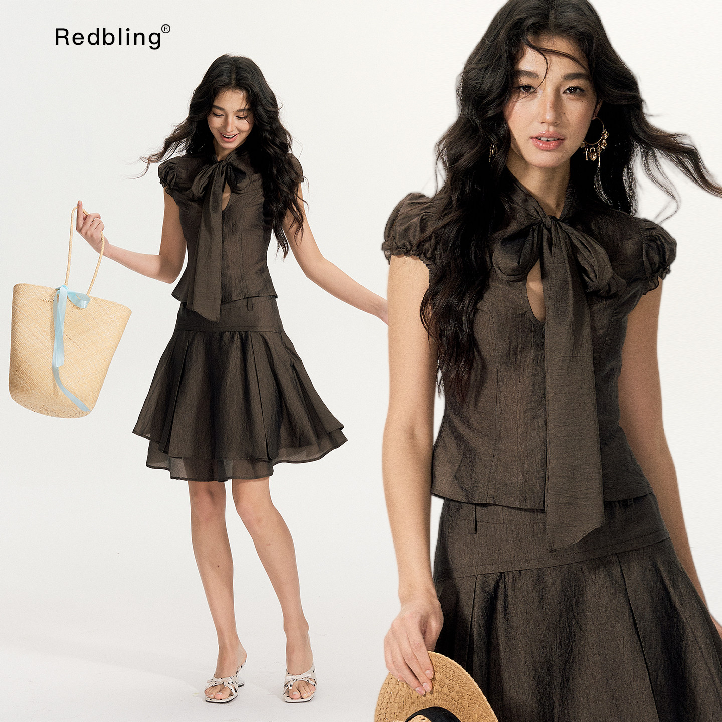 RedBling 原创设计甜美风短袖套装修身棕色上衣搭配裙子两件套女
