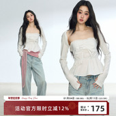 RedBling 上衣女 显瘦短款 原创设计白色收腰花边抹胸背心新款 修身