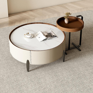 侘寂风ins意式圆形岩板茶几组合简约奶油马鞍皮实木客厅家用边几