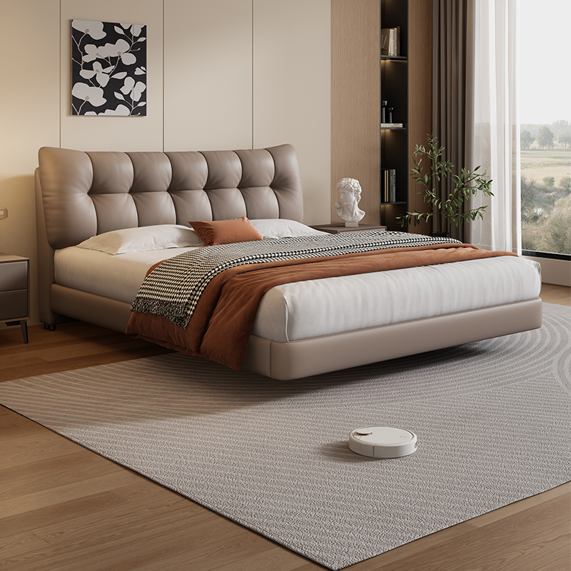 岚瑟琳复古悬浮头层牛皮真皮床