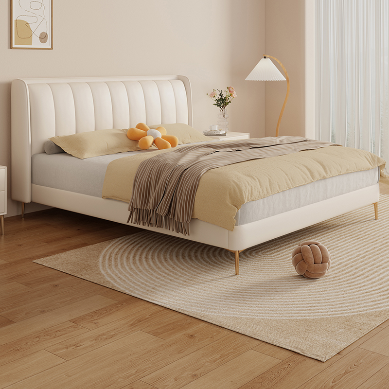 法式奶油风双人头层牛皮真皮床