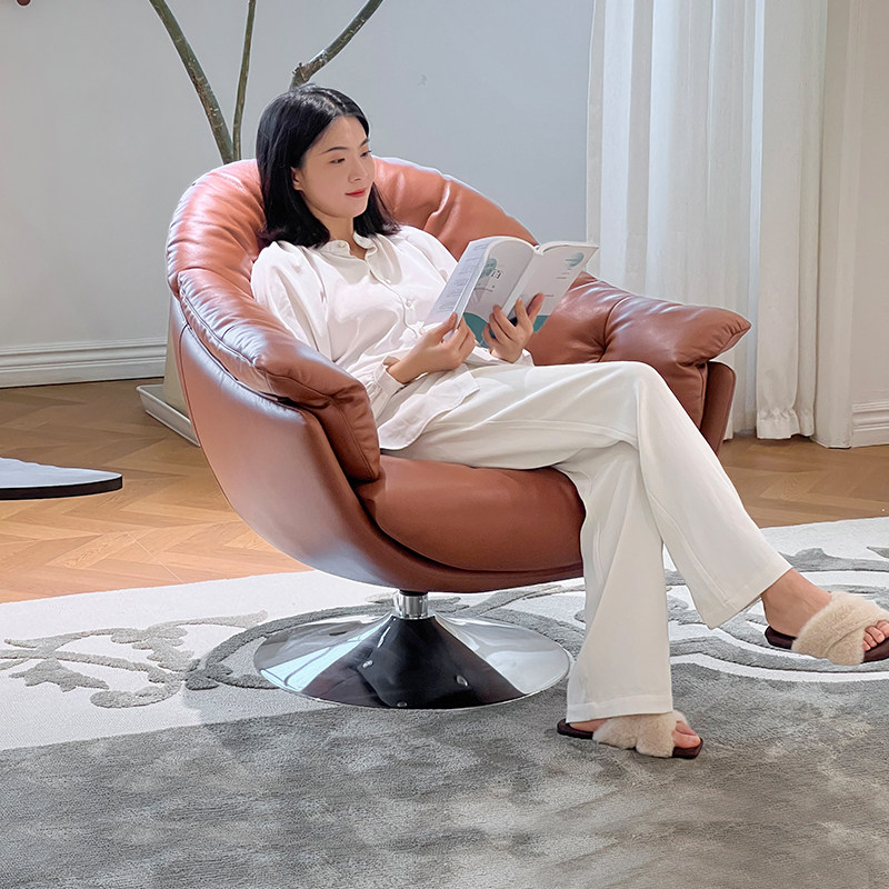 岚瑟琳休闲单人椅真皮沙发头层牛皮蛋壳可旋转客厅阳台羽绒懒人椅