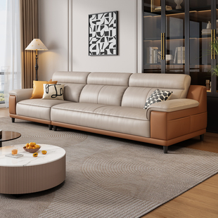 岚瑟琳意式极简真皮沙发头层牛皮客厅小户型三人位直排奶油风皮艺