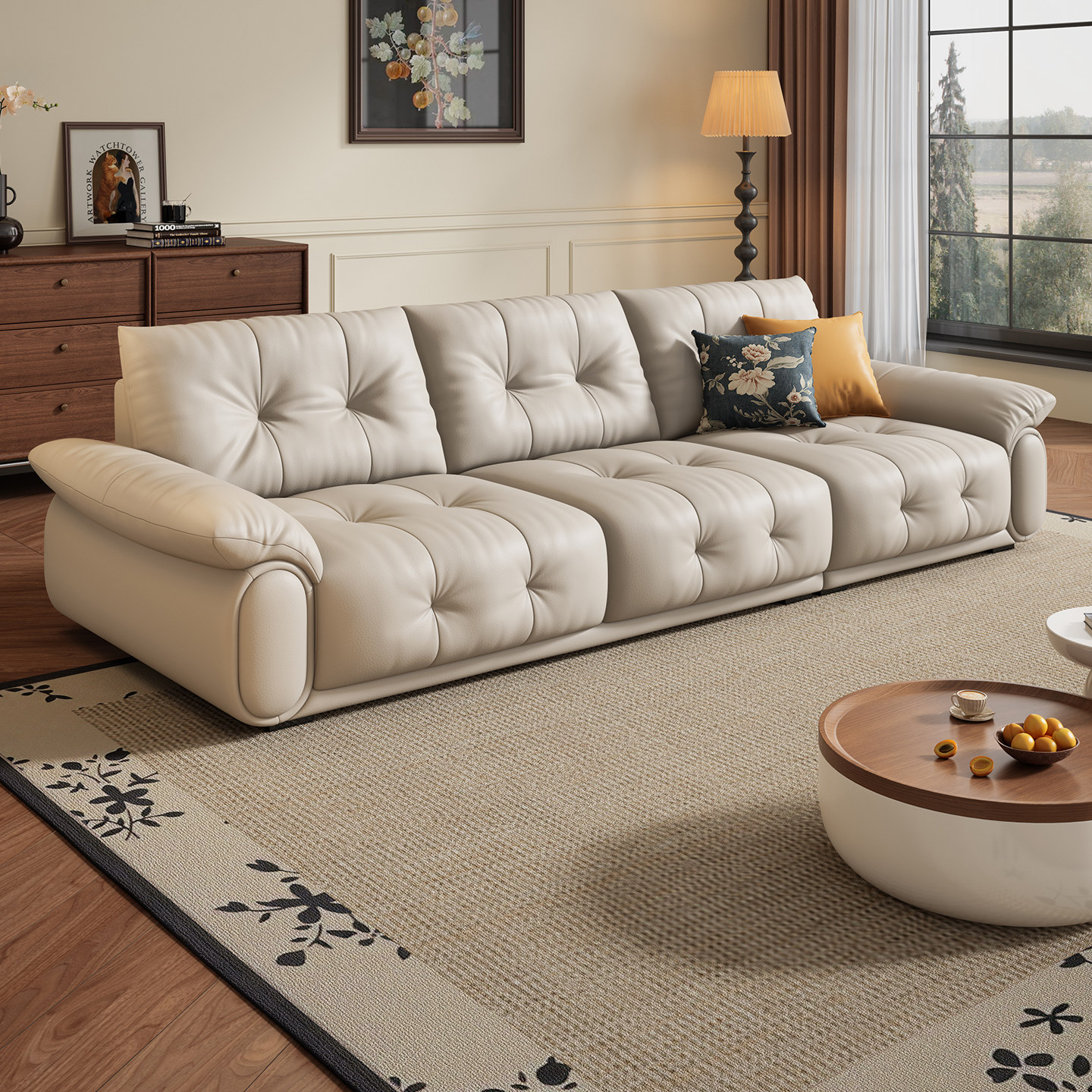 岚瑟琳法式奶油风真皮沙发头层牛皮客厅小户型三人位直排佛山家具