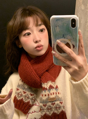 费尔岛红色毛线围巾女圣诞氛围感