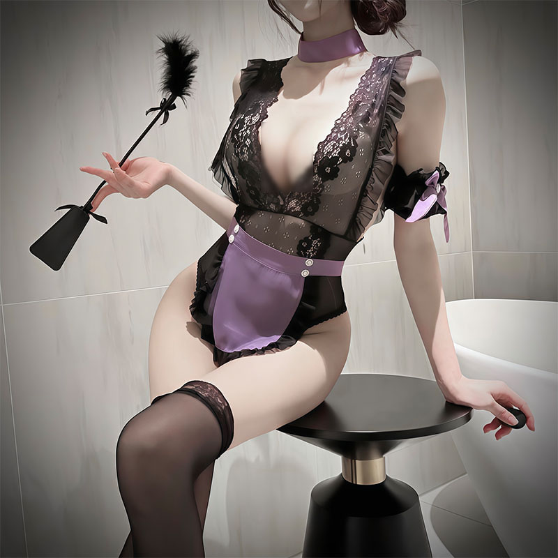 性感深V蕾丝床上诱惑紧身连体衣女仆围裙睡衣纯欲兔女郎制服套装