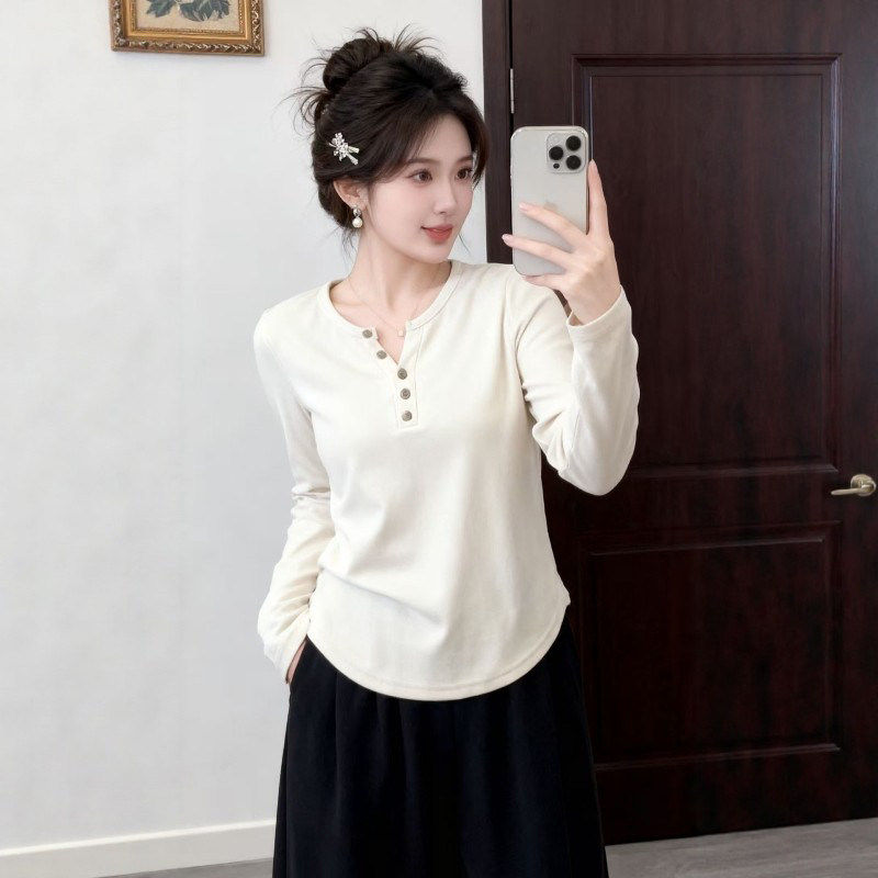 大码基础款纯棉v领长袖打底衫t恤女春季胖mm显瘦宽松休闲内搭上衣