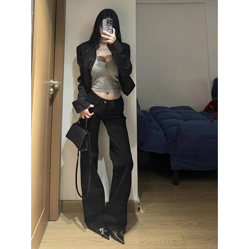 175高个子加长黑色微喇牛仔裤女春秋低腰显瘦不贴腿喇叭拖地裤子