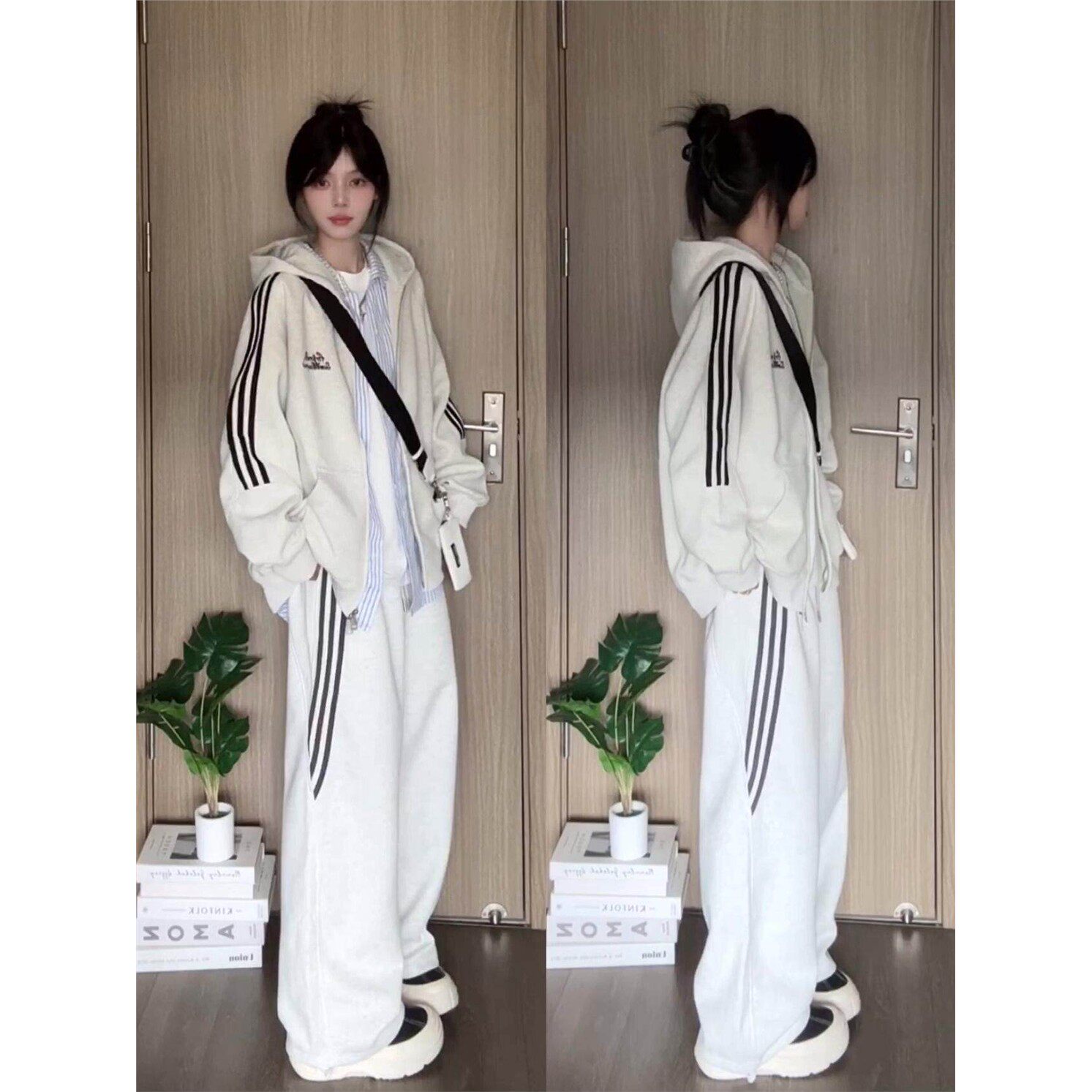 2024秋季盐系开衫运动服套装女宽松慵懒风连帽卫衣卫裤大码两件套