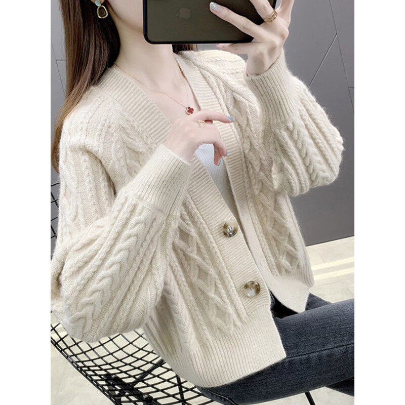 韩版麻花针织开衫女2025新款V领毛衣外套小个子外套时尚百搭上衣