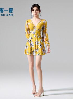 大码泳衣胖mm遮肉 长袖连体游泳衣女款 保守遮肚显瘦泡温泉 95007