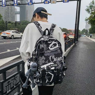 原宿书包男生小众大容量双肩包涂鸦休闲高中大学生背包女士初中生