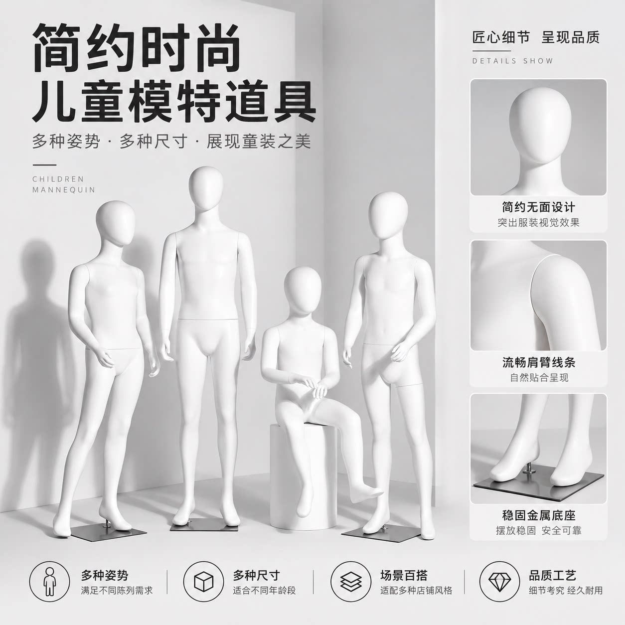 高档哑白小童模特全身橱窗展示