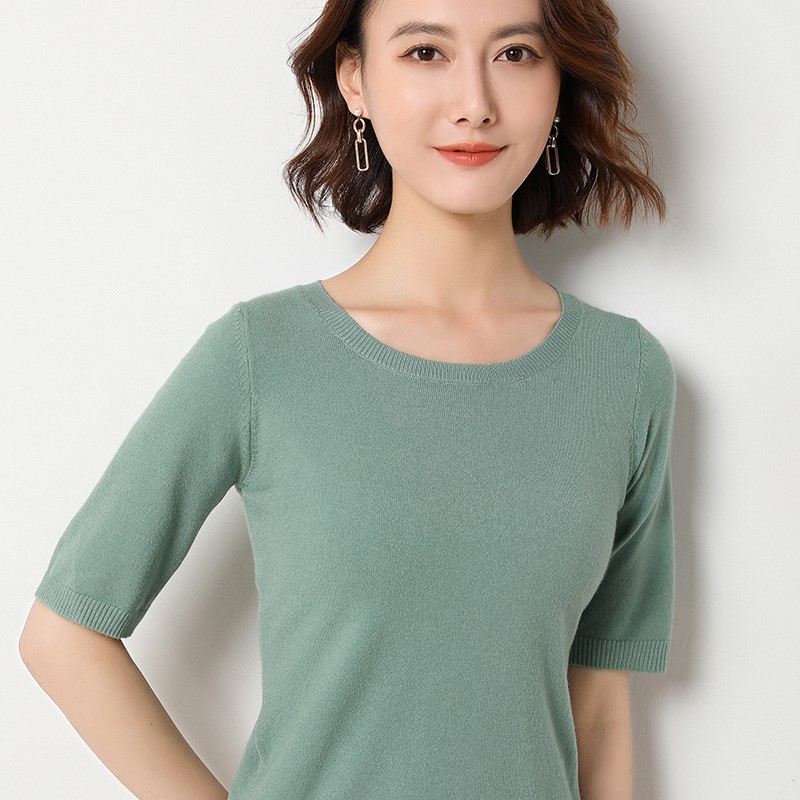 21春夏新款圆领五分袖套头羊绒短袖毛衣女宽松半袖针织打底衫薄款
