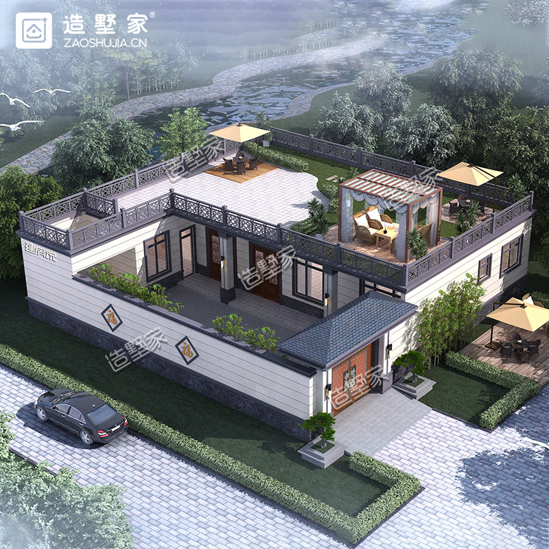 农村自建房一层中式现代四合院民宿设计图纸全套施工图建筑效果图