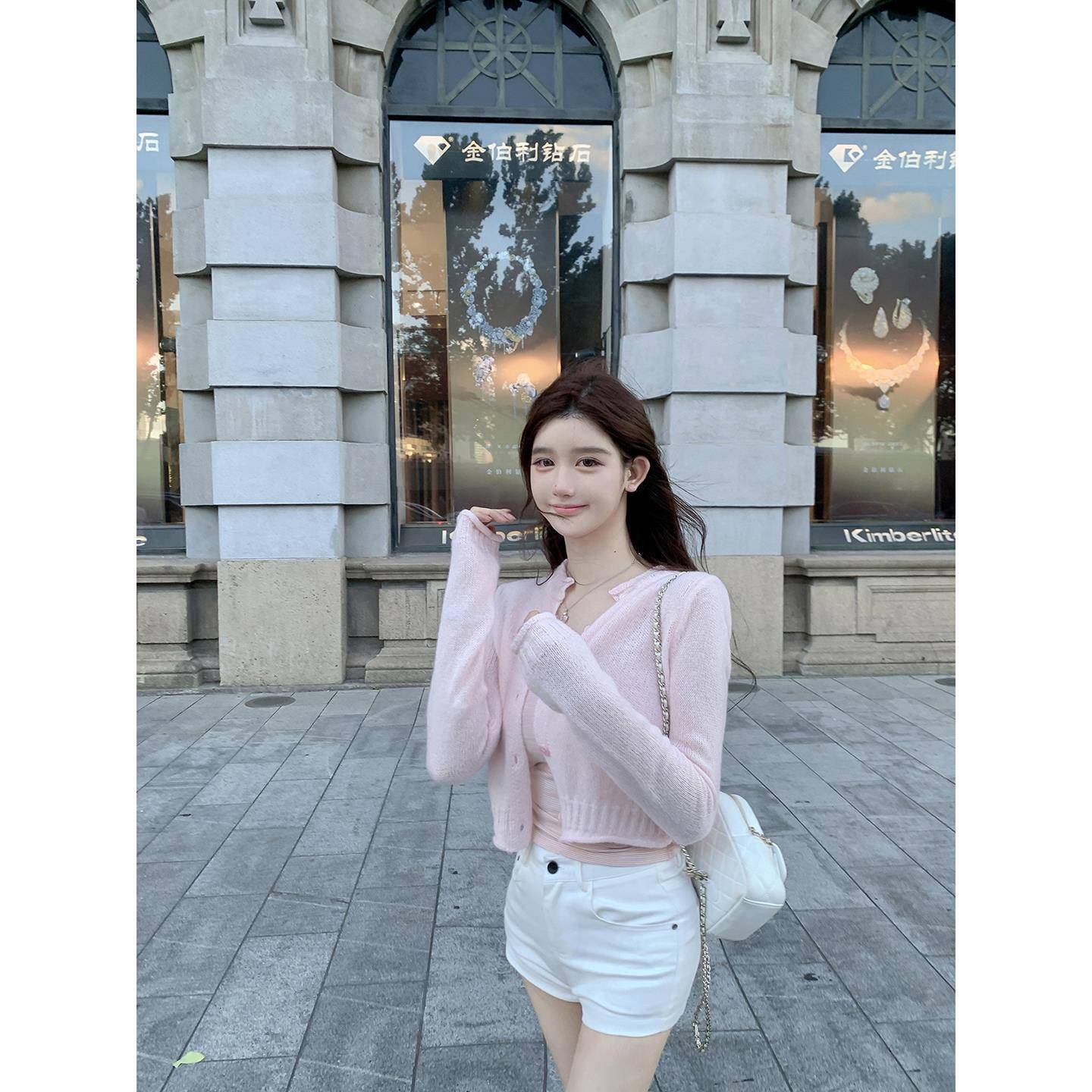 若语定制 樱粉少女修身气质樱花粉微透羊毛针织开衫外套早秋新款