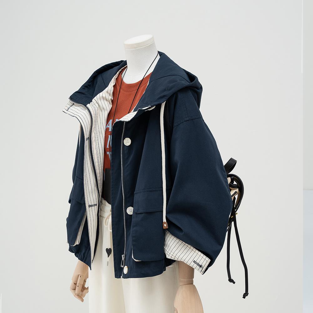 韩系工装连帽风衣外套女2025春季新款小个子宽松休闲短款夹克上衣