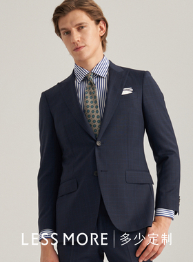 LESSMORE多少蓝色威尔士格纹西服套装男士商务修身戗驳领羊毛西装