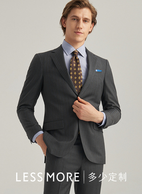 LESSMORE多少深灰色条纹西服套装男士纯羊毛商务宴会职业西服正装