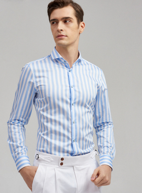 lessmore男士衬衫长袖修身纯棉休闲宽条纹商务休闲男衬衣成衣免烫