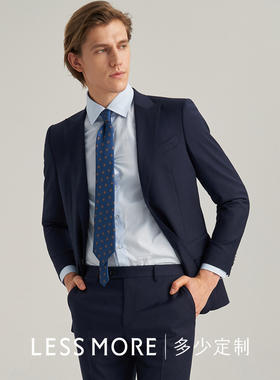 LESSMORE多少藏青色鱼骨纹西服套装男士戗驳领羊毛结婚商务西装