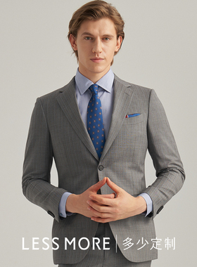 LESSMORE多少灰色条纹套装男士商务结婚修身桑蚕丝羊毛混纺西装