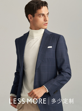 LESS MORE藏青色白格纹商务修身纯羊毛西服上衣男休闲单西外套